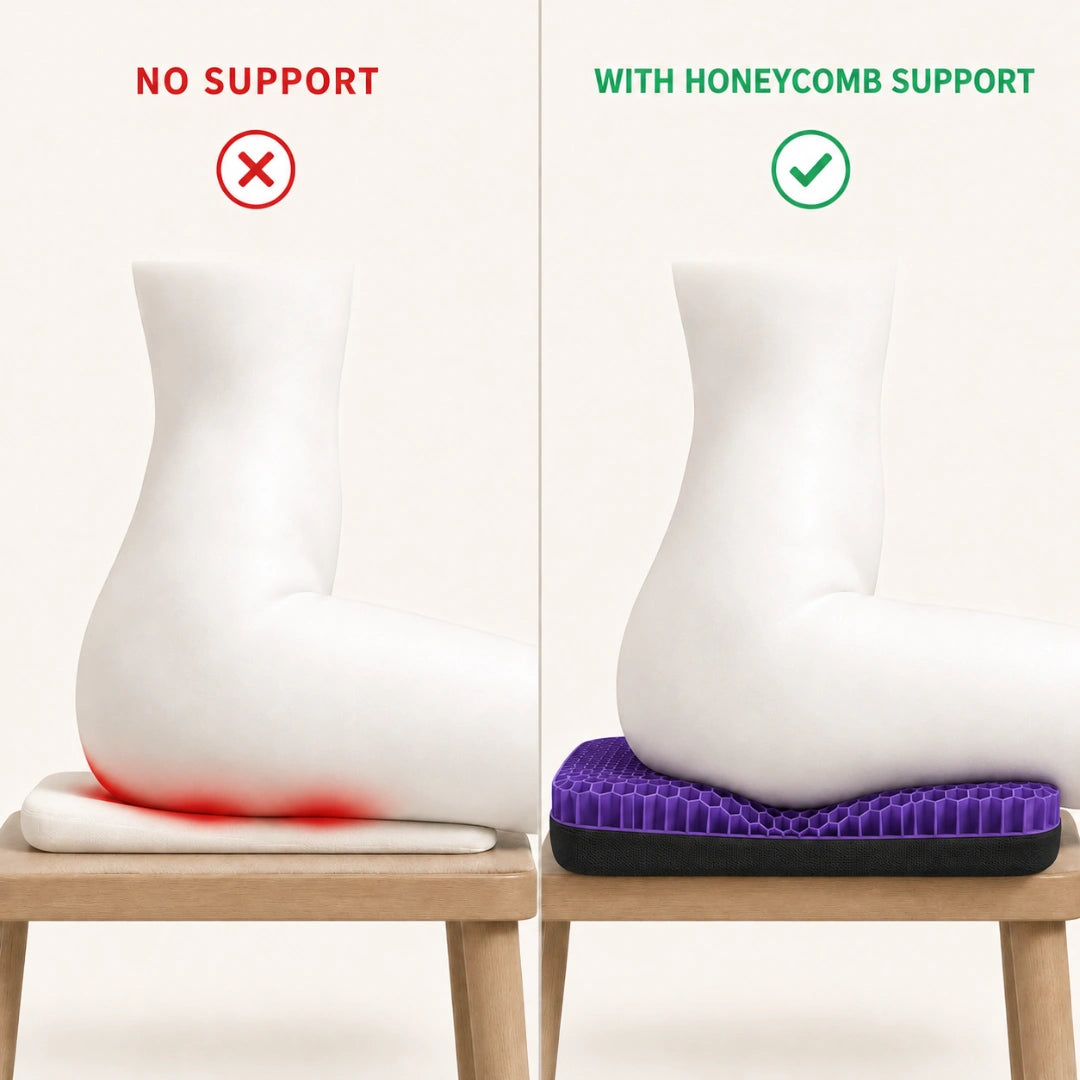 Illustration comparing an unsupported seated posture with one supported by the honeycomb grid