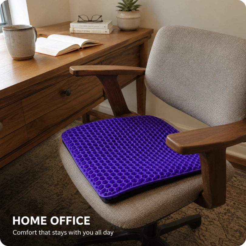 Miravae cushion on an ergonomic office chair at a wooden desk