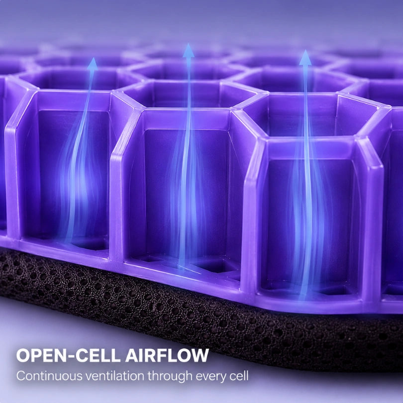 Cutaway view showing open-cell airflow channels running through the gel grid